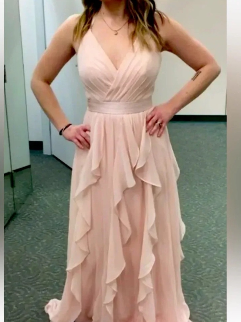 White by Vera Wang Blush Pink Ruffle Chiffon V-Neck Dress